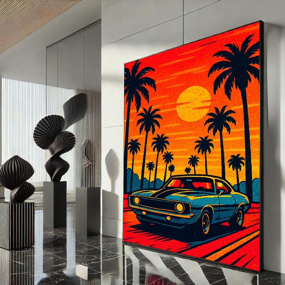 Vintage Classic Car with Palm Trees at Sunset Pop Art Poster