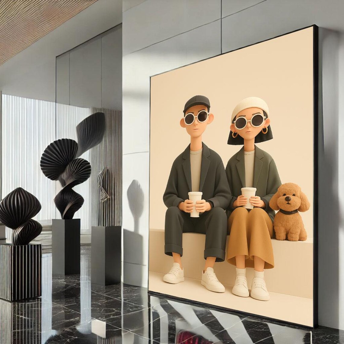 Cute 3D Cartoon Couple With Poodle Dog Coffee Cups Art Poster