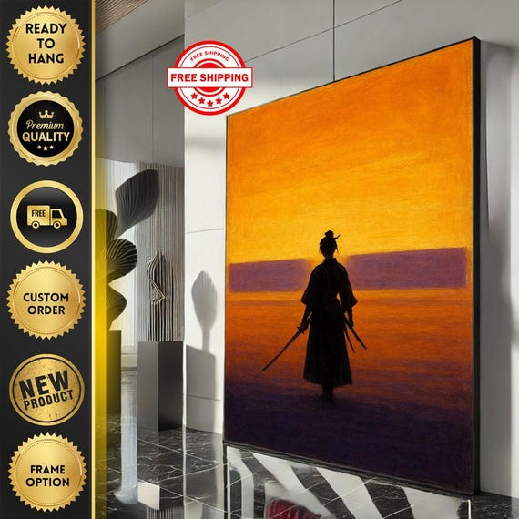 Mystical Samurai Sunset Canvas Wall Art Print Bold Silhouette Bedroom Decor Ready To Hang