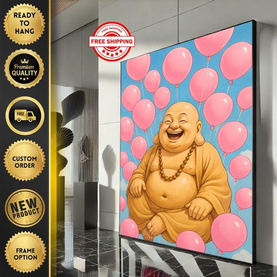 Cheerful Buddha With Balloons Canvas Wall Art Print Playful Pop Living Room Decor Ready To Hang