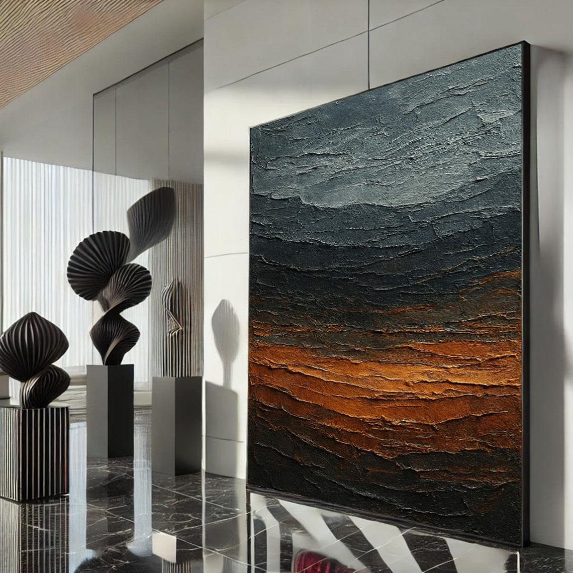 Textured Slate Blue Burnt Orange Abstract Layered Landscape Poster