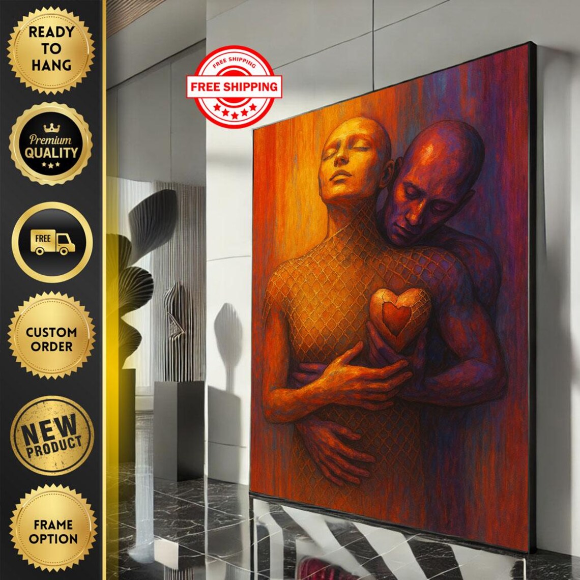 Passionate Embrace Couple Warm Red Tones Heart Romantic Art Poster