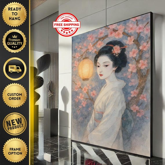Elegant Japanese Geisha Canvas Wall Art Print Cherry Blossom Bedroom Decor Ready To Hang Statement Piece
