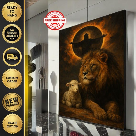 Majestic Lion And Lamb Canvas Wall Art Print Warm Living Room Decor Ready To Hang Statement Piece