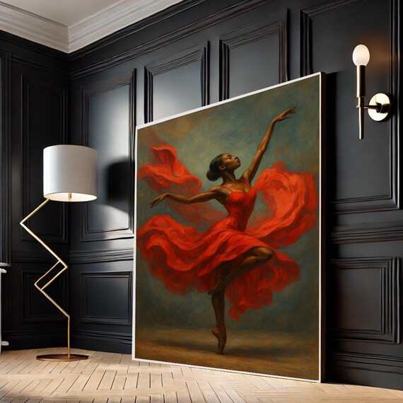 Elegant Red Dancer Canvas Art Ballet Painting Graceful Dance Artwork Vibrant Print Dynamic Wall Decor
