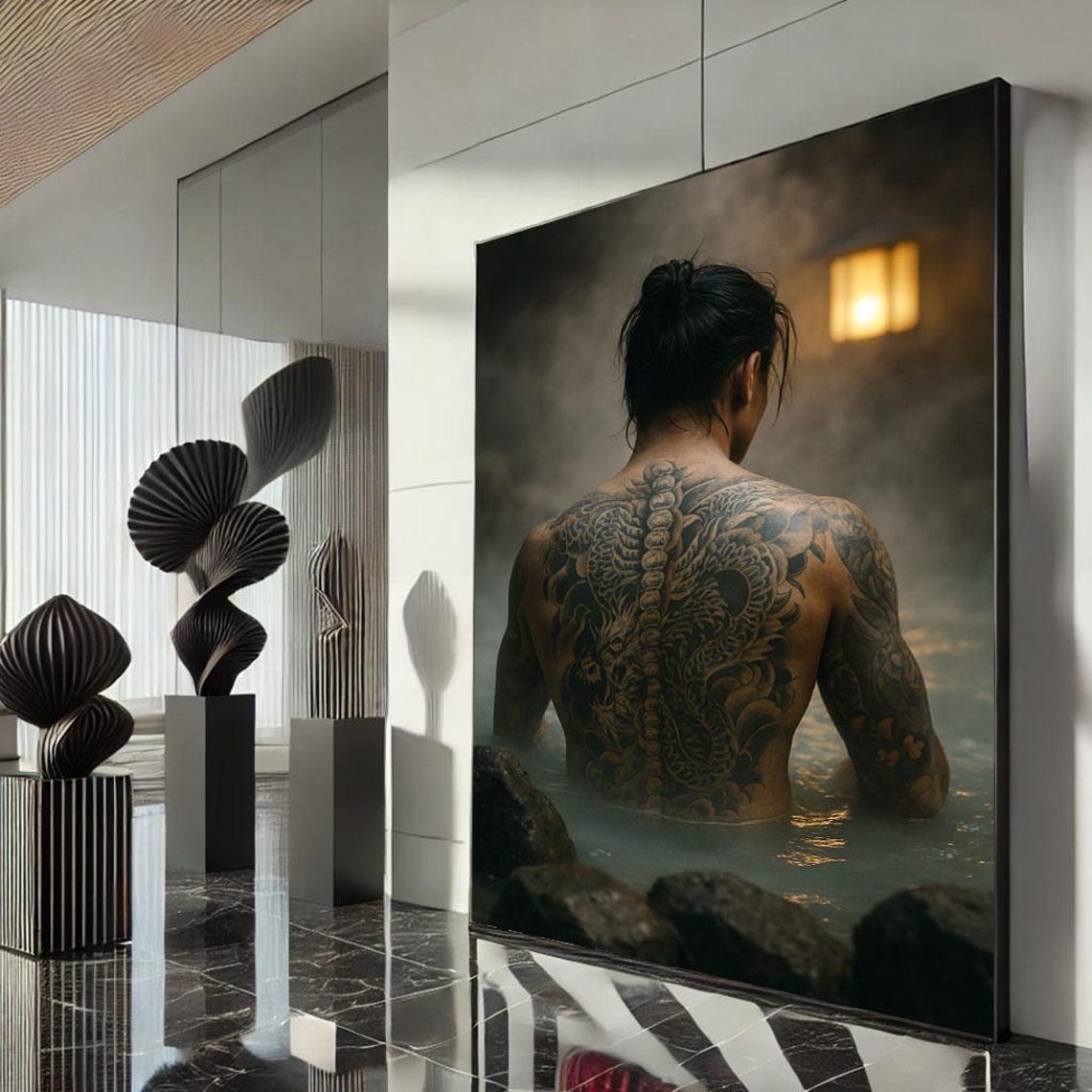 Tattooed Man Steaming Onsen Full Back Dragon Tattoo Night Poster