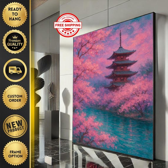 Japanese Pagoda Canvas Wall Art Print Serene Pink Cherry Blossom Living Room Decor Ready To Hang Statement Piece