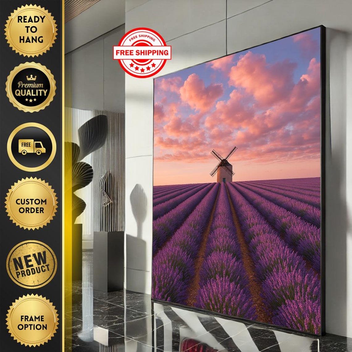 Lavender Field Windmill Sunset Purple Pastoral Landscape Poster