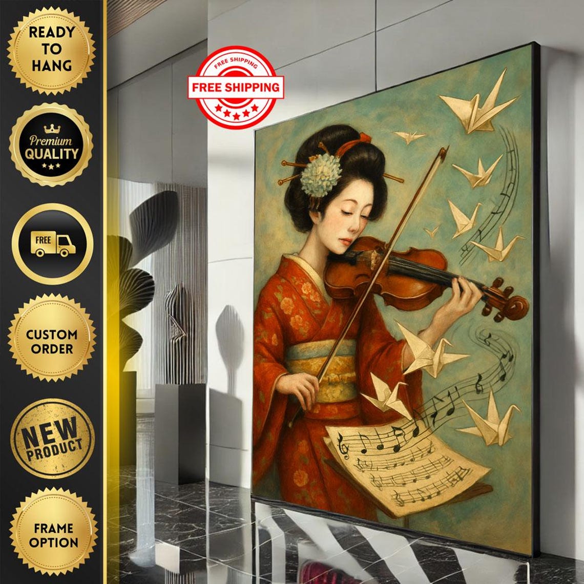 Serene Geisha Violinist in Red Kimono with Origami Cranes Poster