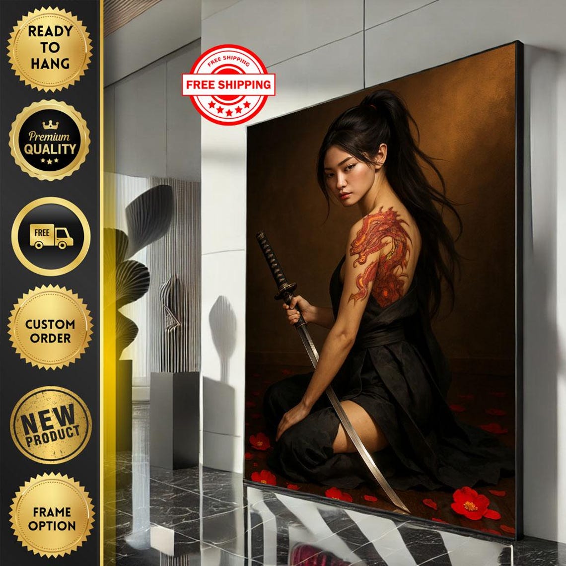 Fierce Samurai Woman Kneeling with Katana and Dragon Tattoo Poster