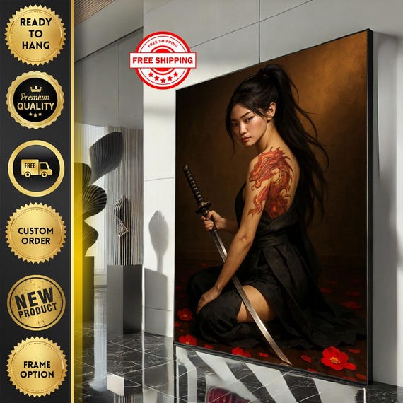Fierce Samurai Woman Portrait Canvas Wall Art Print Striking Living Room Decor Ready To Hang