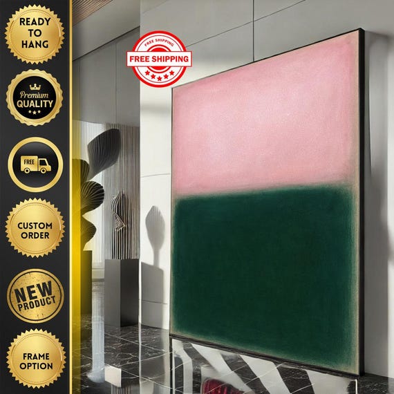 Mark Rothko Inspired Pink And Green Canvas Bold Color Field Painting For Modern Living Room Decor Ready To Hang
