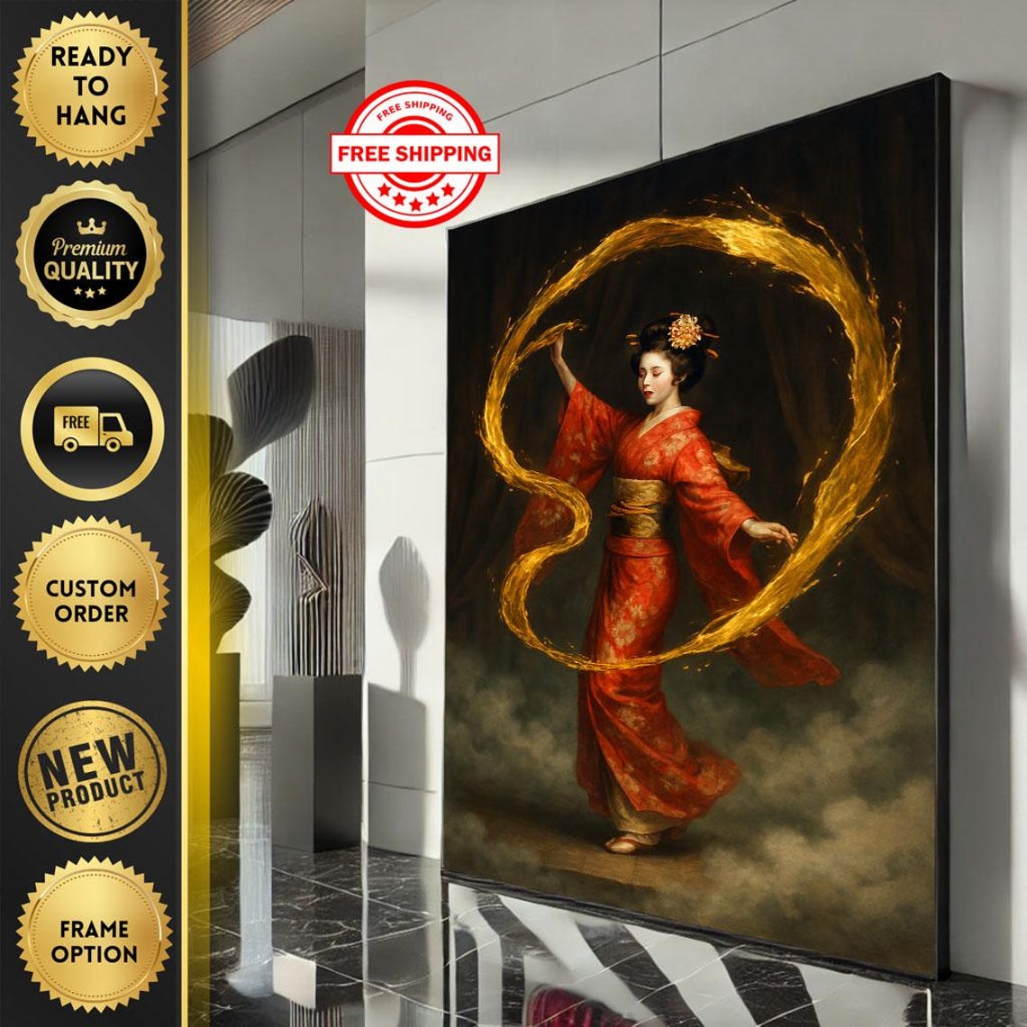 Red Kimono Geisha Dance Golden Fire Ribbon Elegant Japanese Poster