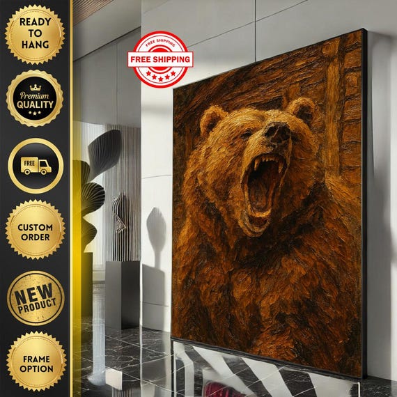 Powerful Bear Portrait Canvas Wall Art Rustic Wildlife For Living Room Decor Ready To Hang
