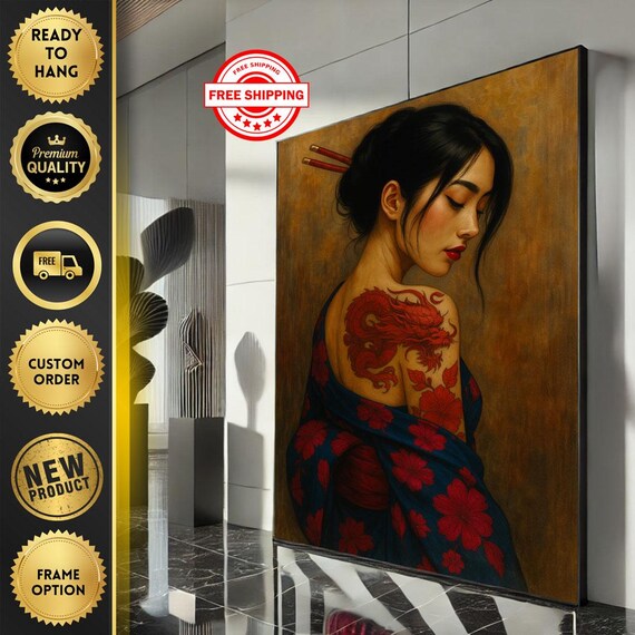 Elegant Asian Woman With Dragon Tattoo Canvas Wall Art Modern Oriental Living Room Decor Ready To Hang