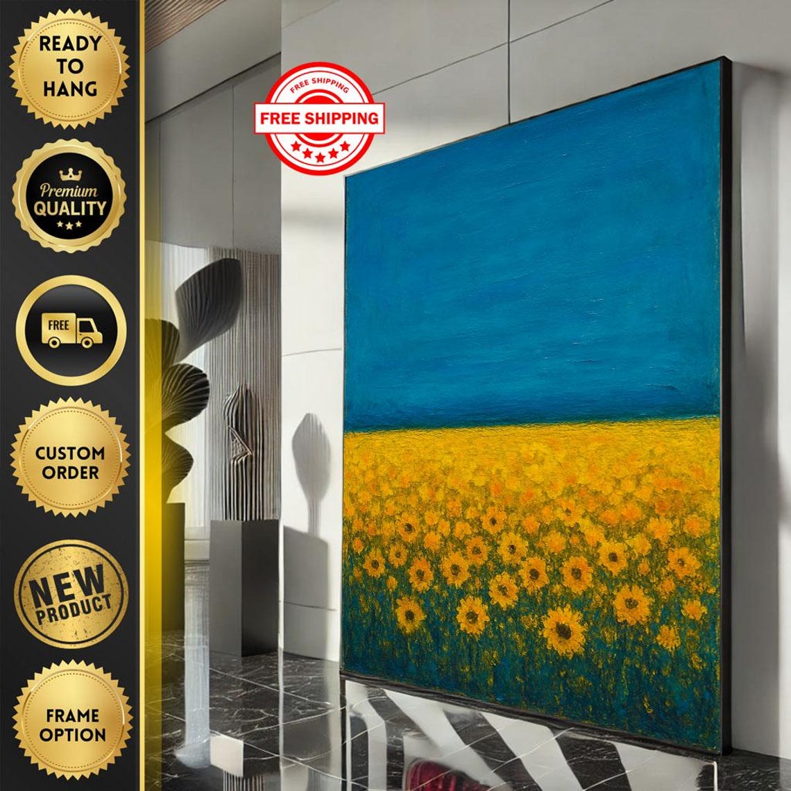 Sunflower Field under Bright Blue Sky Impressionist Style Poster