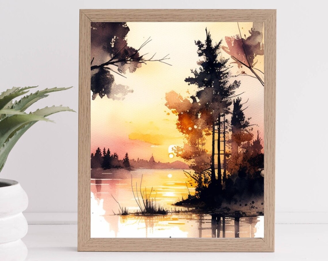 Warm Golden Sunset Over a Pine Lake Watercolor Landscape Poster - Image 3