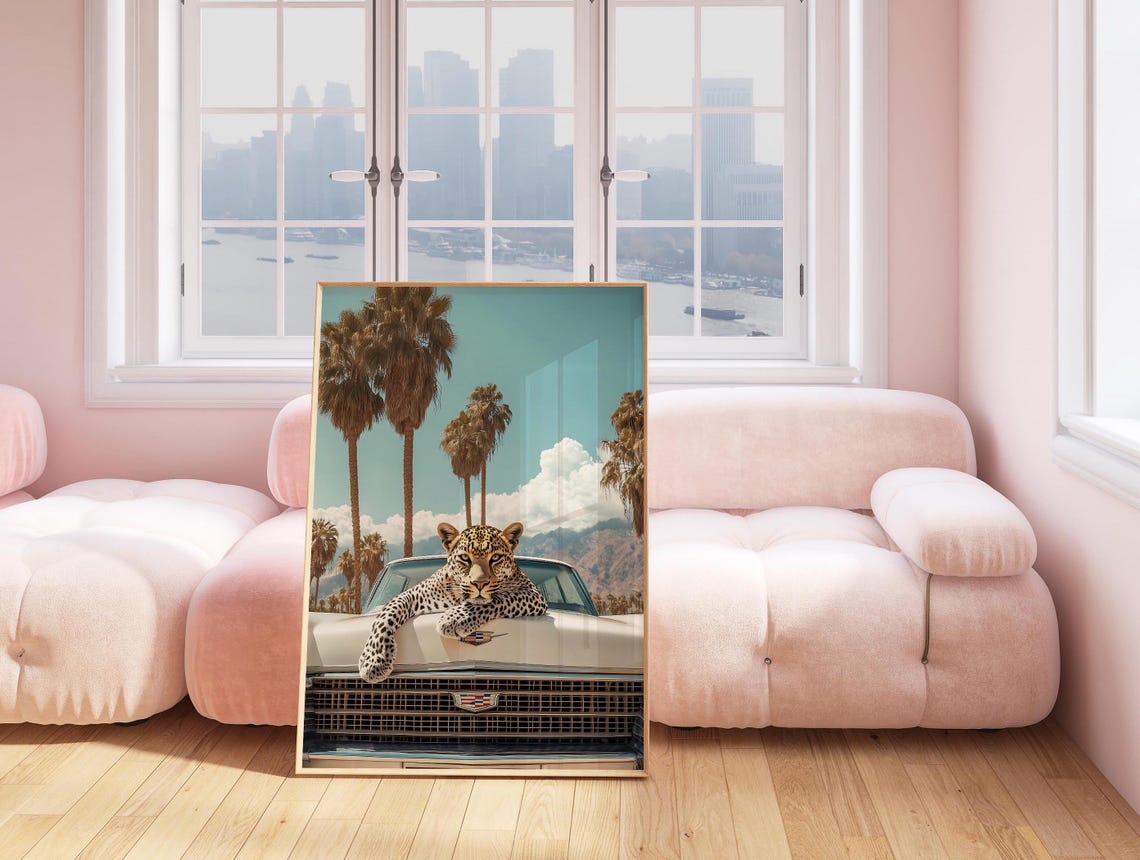 Leopard With Paws Crossed On White Cadillac Front Grille Poster - Image 4