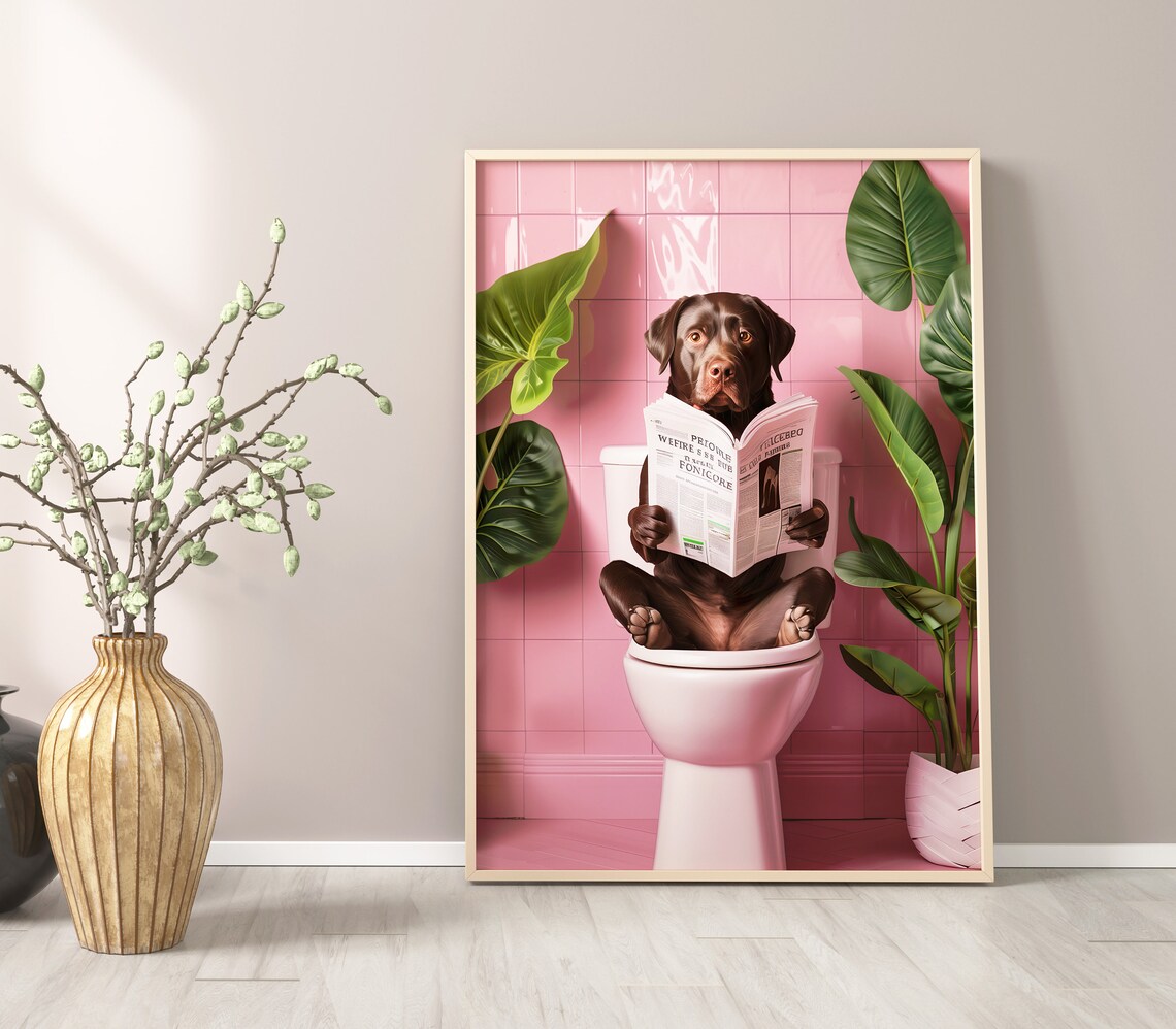 Chocolate Labrador On Toilet Bathroom Funny Dog Print