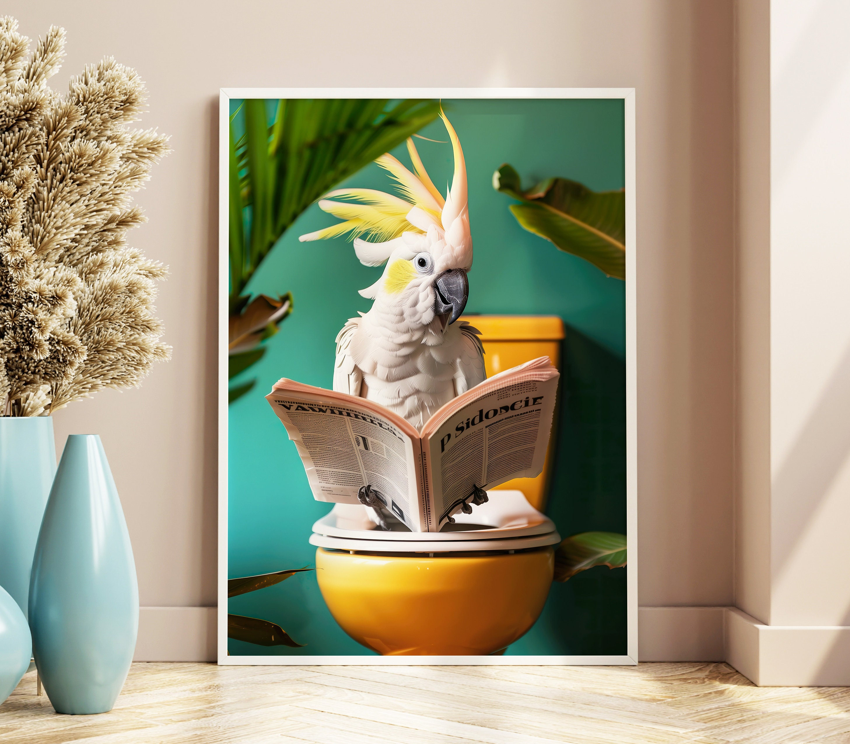 Cockatoo Reading On Toilet Funny Bathroom Art Print - Image 2