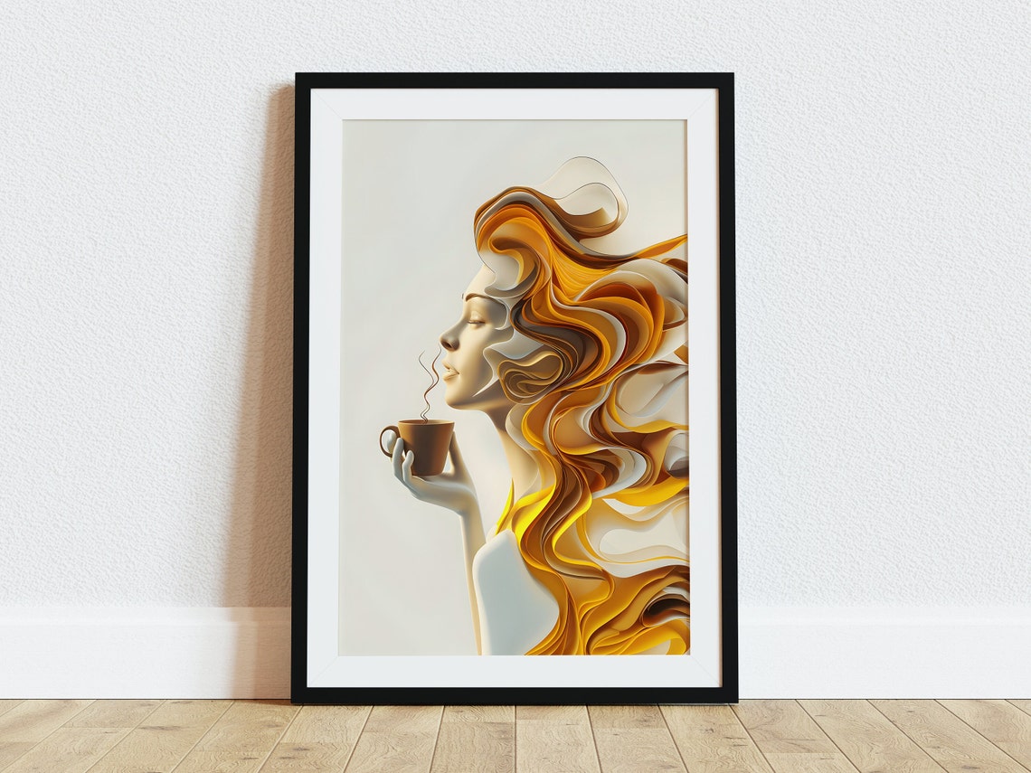 Golden Abstract Woman Profile Holding Coffee Cup 3D Art Poster - Image 4