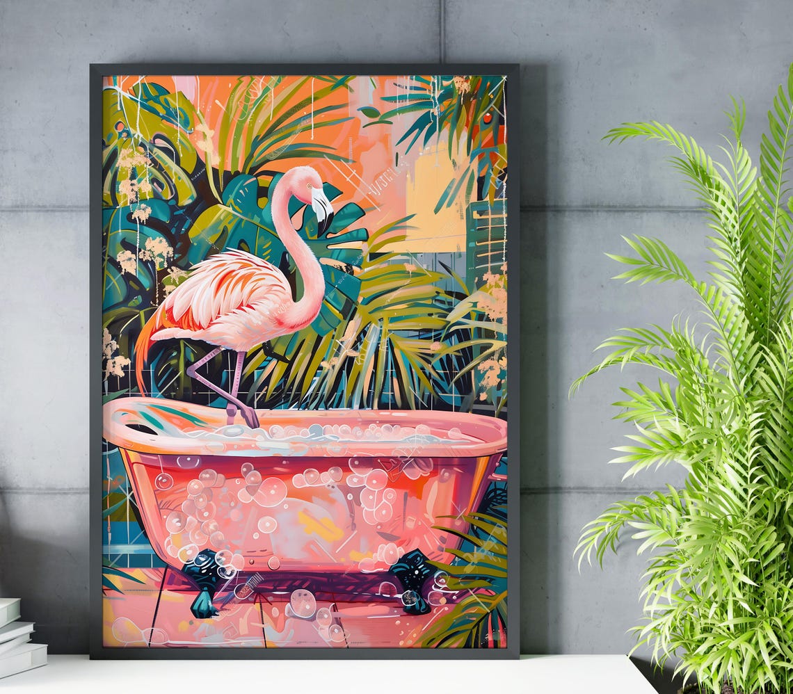 Pink Flamingo Standing In A Bubble Bath With Tropical Foliage Poster - Image 5