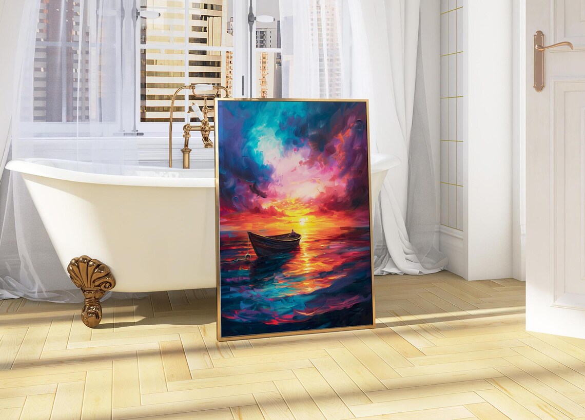 Rowboat On A Colorful Sunset Sea Impasto Oil Painting With Dramatic Clouds Poster - Image 5