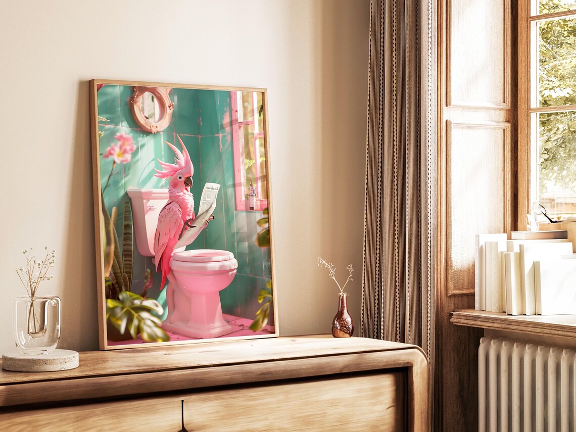 Pink Cockatoo Reading Newspaper On Toilet Bathroom Humor Poster - Image 5