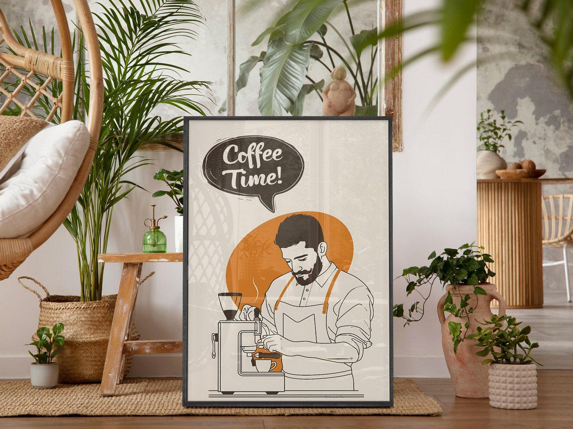Coffee Time Bearded Barista Espresso Machine Line Art Poster - Image 4
