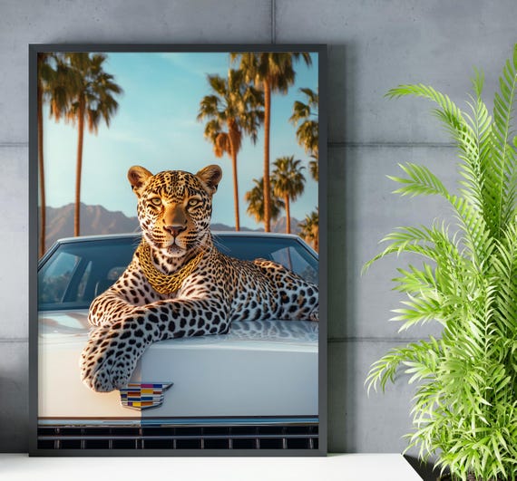 Leopard Resting On A White Cadillac Hood With Palm Trees Poster