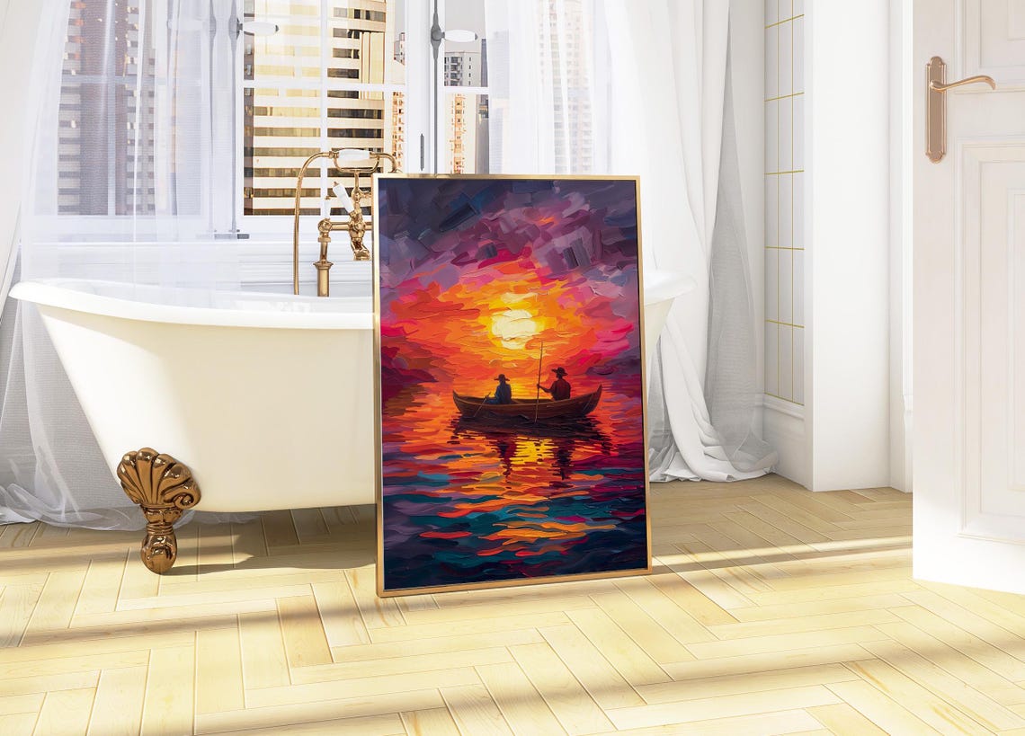 Two Fishermen In A Canoe At Sunset On A Fiery Impasto Ocean Poster - Image 4
