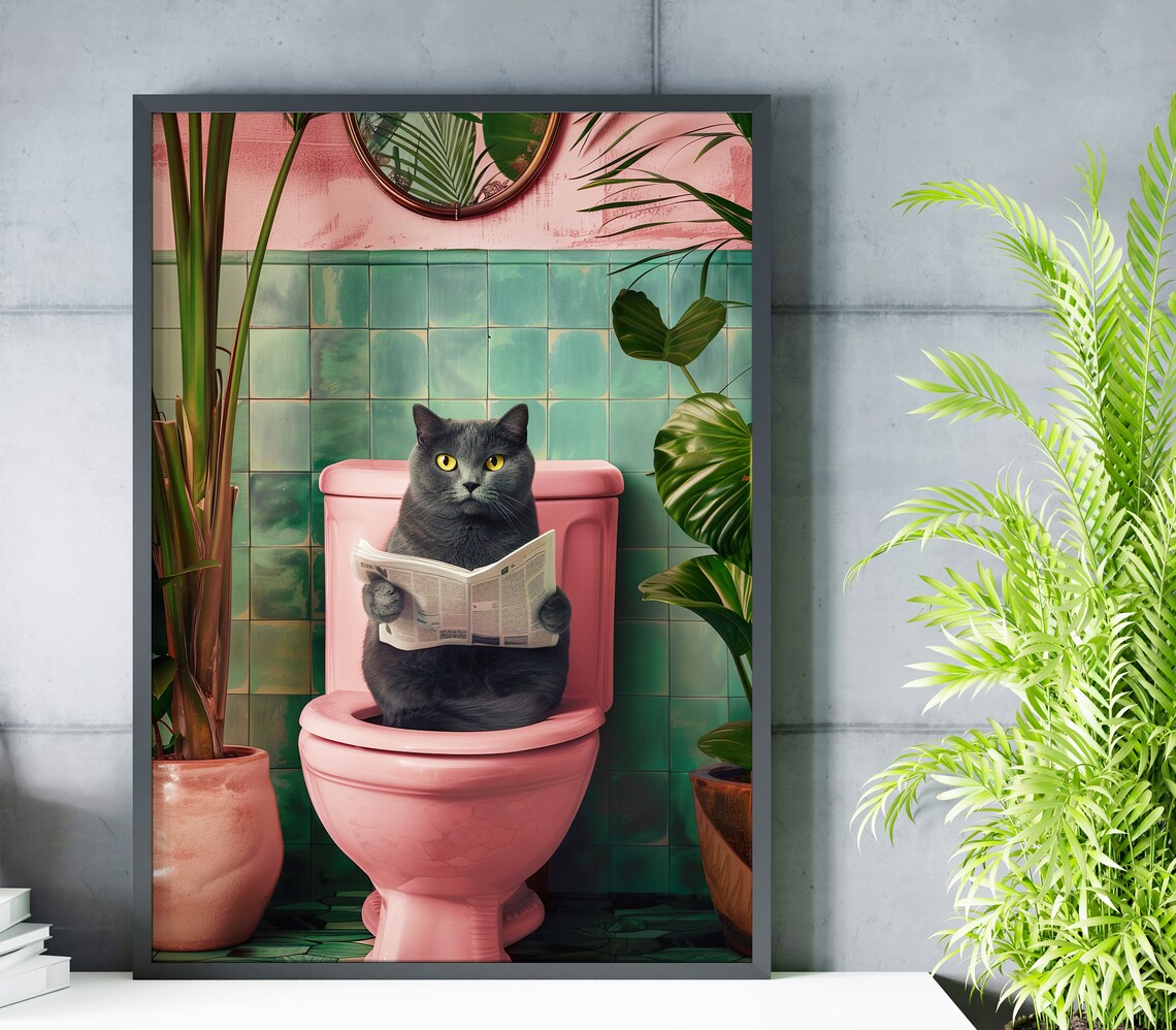 Grey Bathroom Cat Print, Funny Bathroom Decor - Image 2