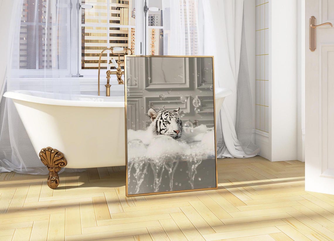 White Tiger Face In A Splashing Bubble Bath Close Up Funny Poster - Image 4