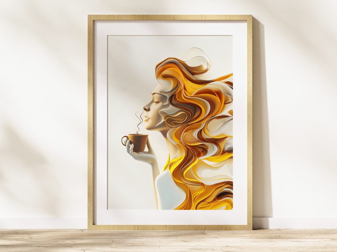Golden Abstract Woman Profile Holding Coffee Cup 3D Art Poster - Image 5