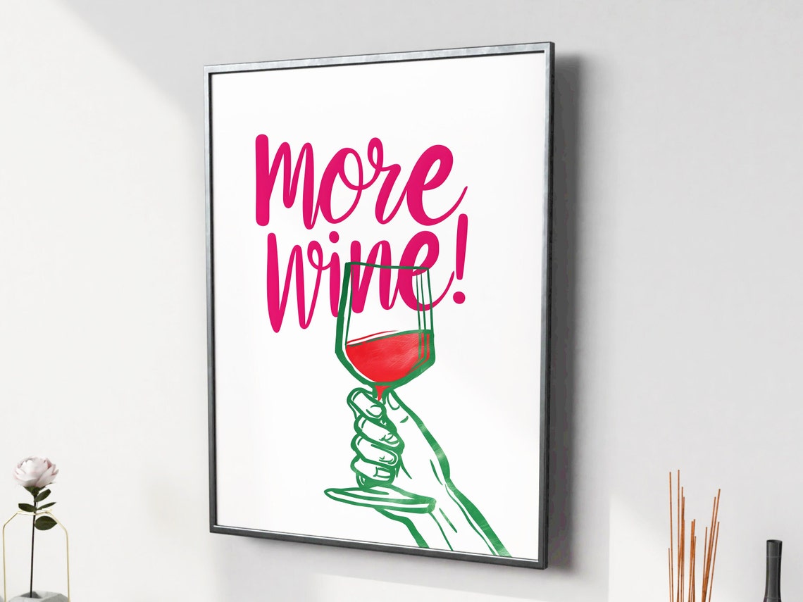 More Wine Pink Retro Script Hand Wine Glass Bar Cart Decor Poster - Image 3