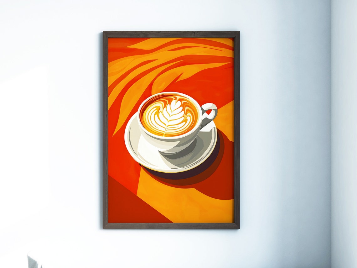 Latte Art Coffee Cup Bold Orange Red Pop Art Kitchen Decor Poster - Image 3