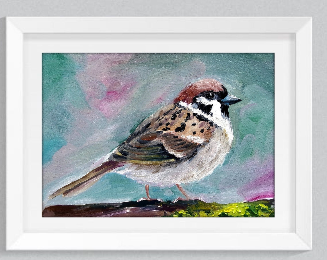 Eurasian Tree Sparrow Perched on Branch Original Oil Bird Poster - Image 5