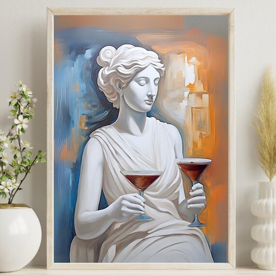 Greek Statue Holding Two Espresso Martinis Blue Orange Art Poster