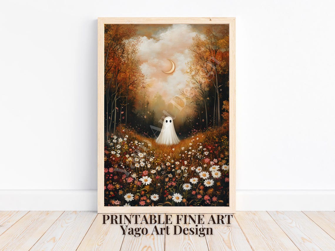 Cute Ghost in Wildflower Meadow at Sunset with Crescent Moon Poster