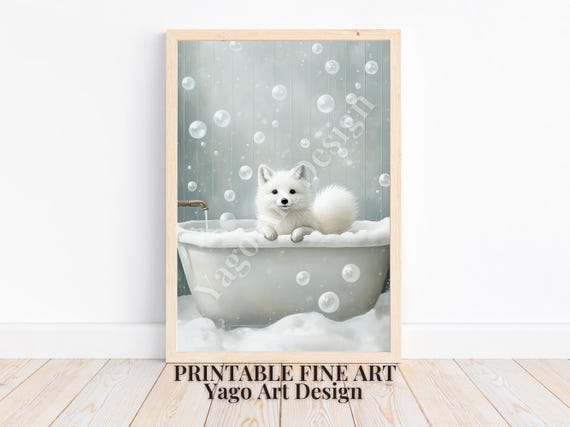 Arctic Fox In Bathtub Minimalist Wall Art Print Cute Bathroom Decor Animal Bathroom Print Fox Poster Whimsy Animal Winter Season Art