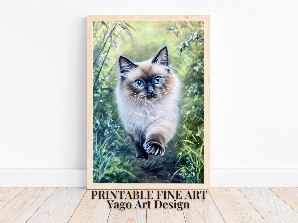 Fluffy Siamese Style Cat Walking In Green Forest Garden Poster - Image 4