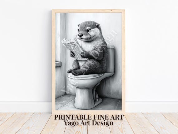 Otter On Toilet Minimalist Wall Art Print Cute Otter Bathroom Decor Animal Bathroom Print Otter Poster Whimsy Animal Wall Art Gift