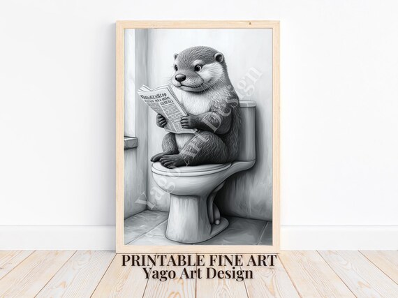 Otter Reading Newspaper on Toilet Poster Minimalist Bathroom Art