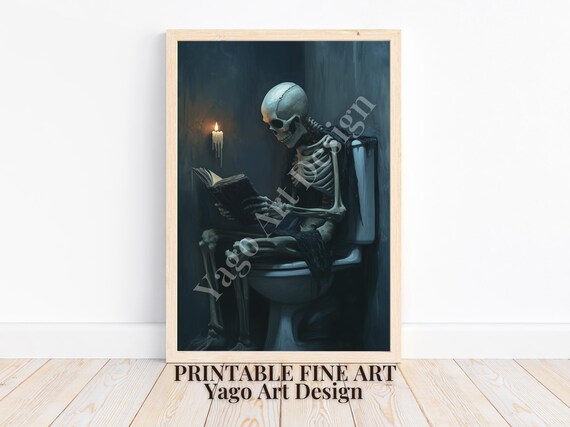 Skeleton Reading Book on Toilet by Candlelight Spooky Gothic Poster