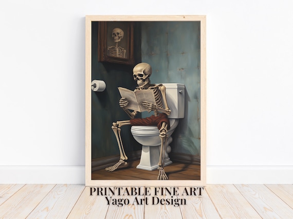 Skeleton on Toilet Reading Newspaper Funny Gothic Bathroom Poster