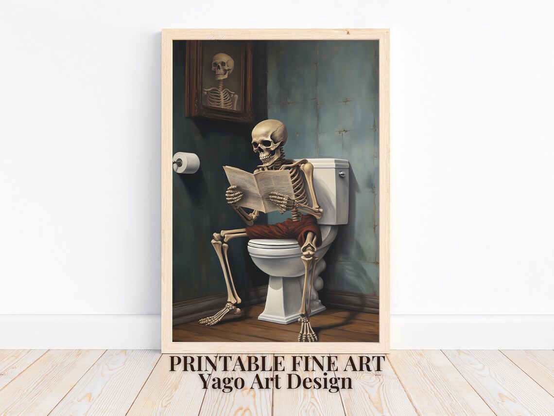 Skeleton on Toilet Reading Newspaper Funny Gothic Bathroom Poster