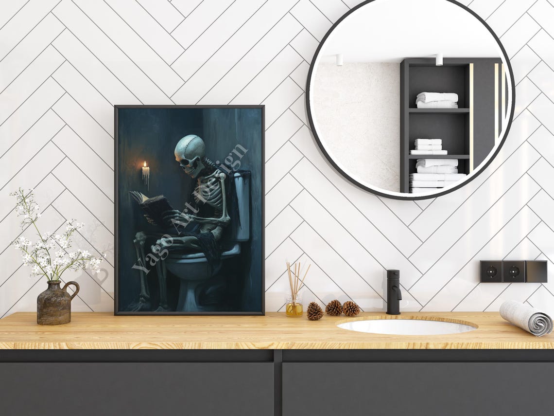 Skeleton Reading Book on Toilet by Candlelight Spooky Gothic Poster - Image 3
