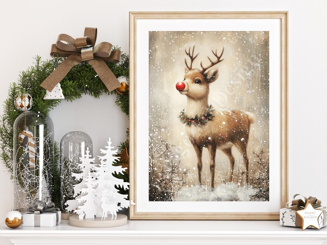 Rudolph Portrait Christmas Decor, Vintage Holiday Art Print - Image 2