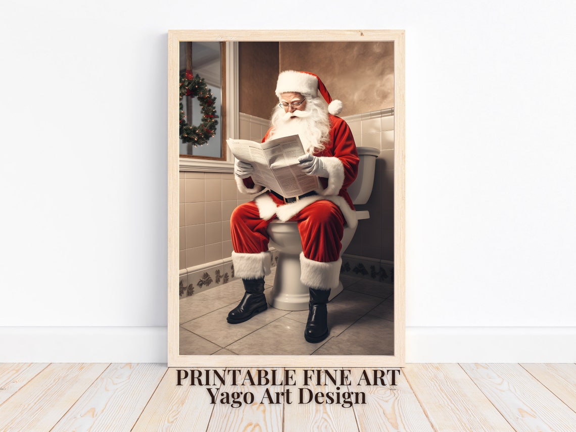 Santa On Toilet Reading Newspaper Tiled Bathroom Christmas Print