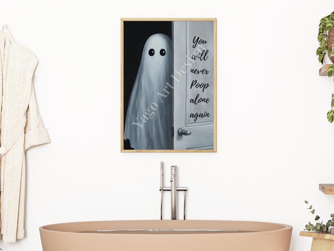 Cute Ghost Peeking Behind Door Funny Never Poop Alone Bathroom Poster - Image 3